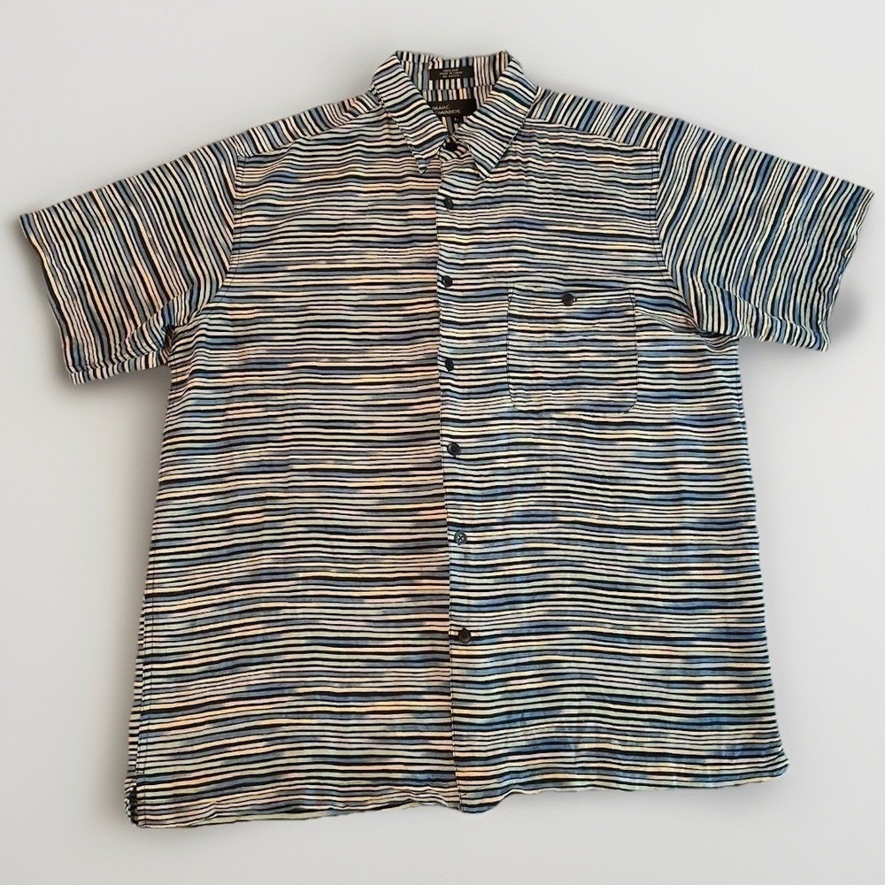 Marc Edwards Silk Shirt Mens Large Blue Yellow Striped Short Sleeve Button Down